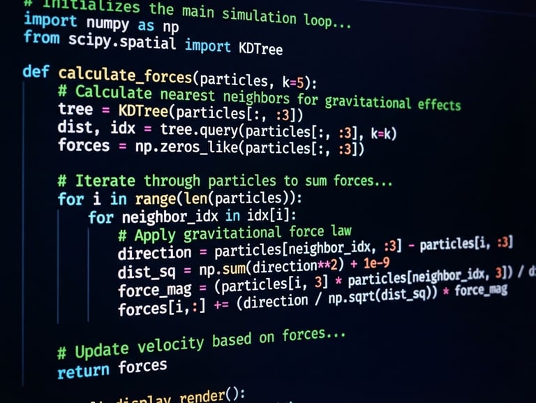 High-contrast screenshot of a dark-mode Python IDE with syntax-highlighted code, neon green comments, macro lens, 35mm