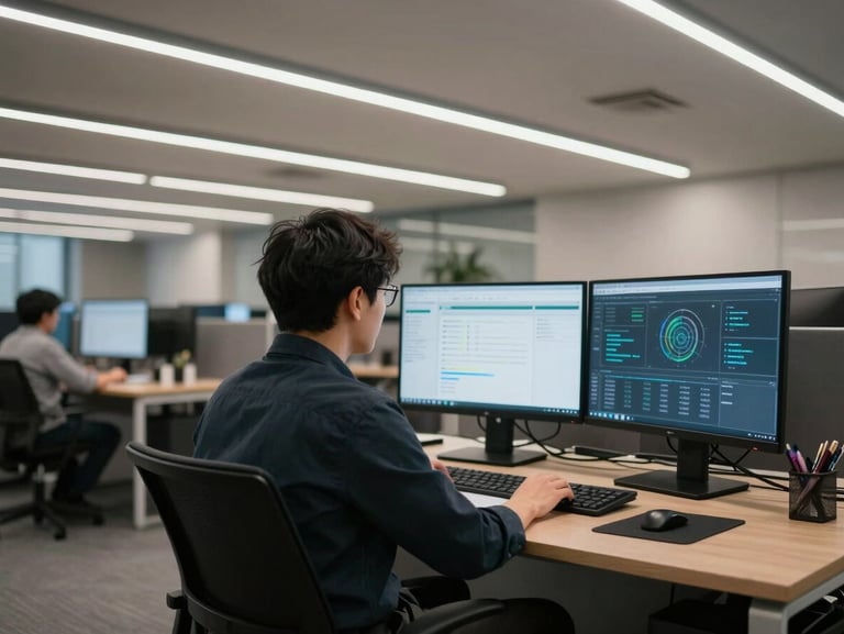 Wide-angle view of an open-plan office, a professional reviewing a multi-monitor workstation displaying data dashboards, cool overhead fluorescent lighting, no staged poses, shot from behind at a slight angle showing the screen content and workspace context