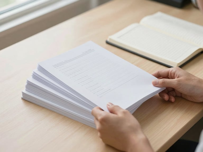 Close-up overhead view of hands organizing neatly arranged paper documents and a open ledger on a clean light-wood desk, soft diffused natural window light from the left, no clutter, calm and competent atmosphere