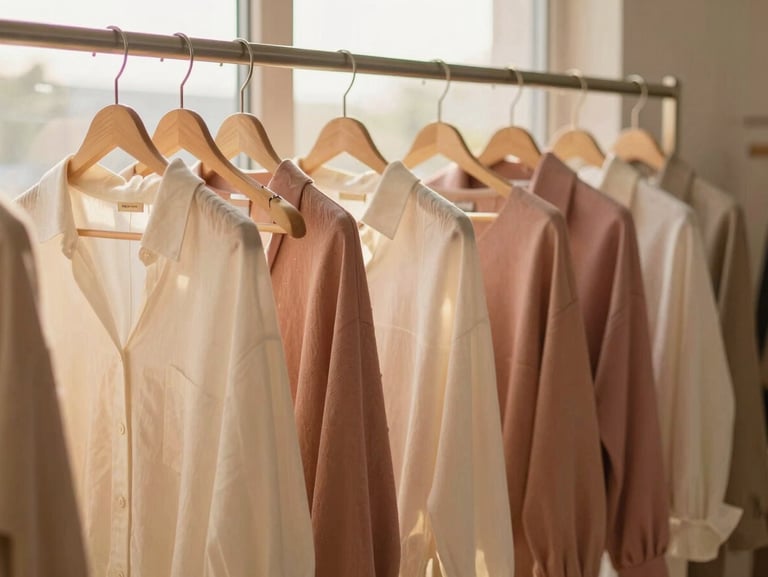 New arrivals display featuring minimalist accessories and fresh seasonal apparel in warm light