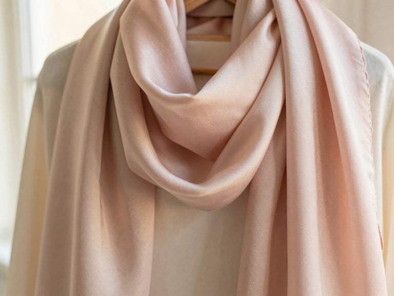 Softly draped silk scarves in pastel pink and champagne tones, showing delicate texture and weave