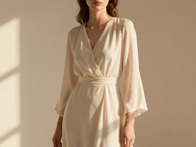 An elegant warm-toned portrait of a woman wearing a flowing cream dress, soft lighting, minimalist background