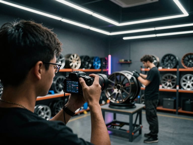 Over-the-shoulder shot of an automotive creator holding a camera, filming a mechanic installing custom wheels in a moody workshop with neon accents.