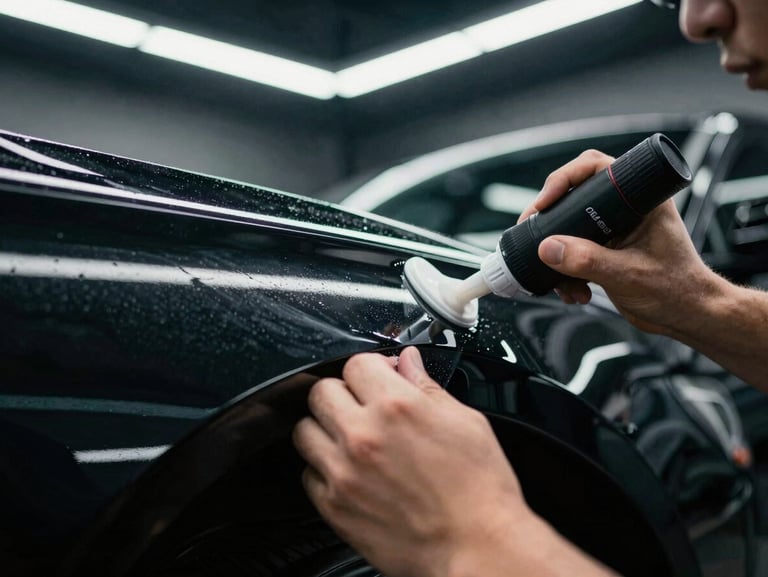Close-up macro shot of hands applying a ceramic coating to a black car fender, dramatic high-gloss paint reflections under sharp garage studio lighting.
