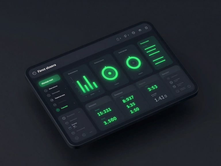 Abstract dark-mode UI of a personal finance dashboard with glowing green data visualizations, sleek 3d render, isometric perspective.