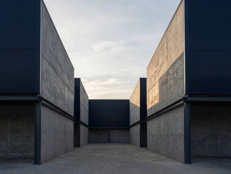 Symmetrical view of a modern logistics warehouse exterior, clean concrete panels, steel framing, overcast daylight, 35mm