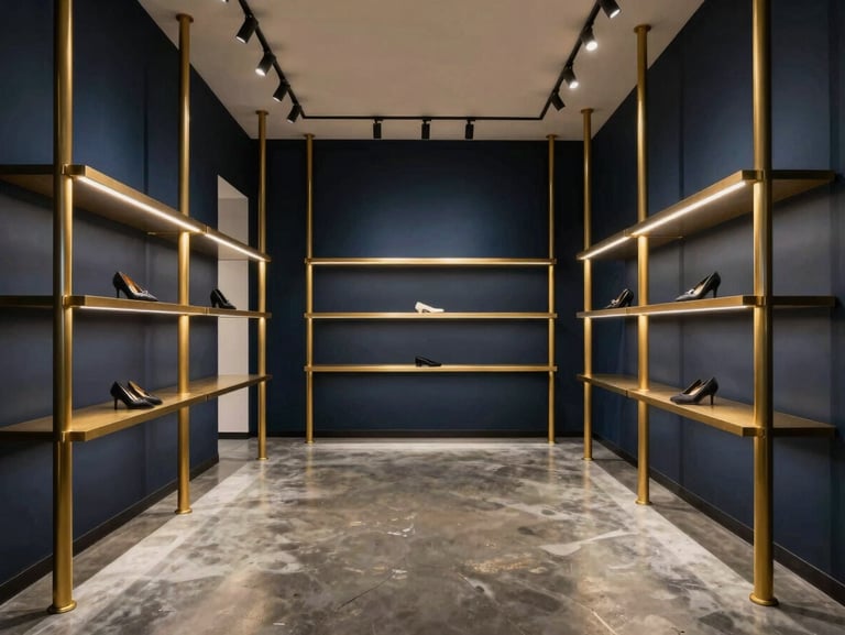 High-end luxury retail interior with polished concrete floor, brass accents, and custom architectural lighting, 35mm