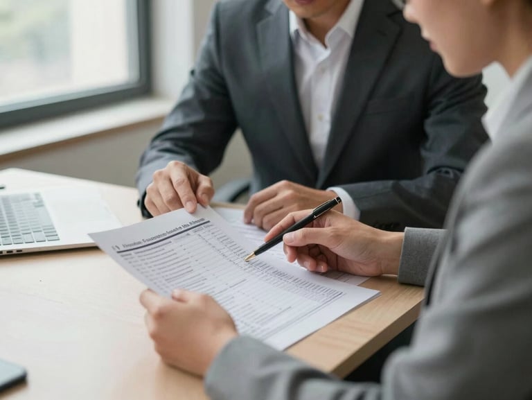 Medium shot from the side of two finance professionals seated at a desk reviewing a printed tax compliance report, hands visible pointing at line items, natural window light from the left, neutral office environment, documentary style