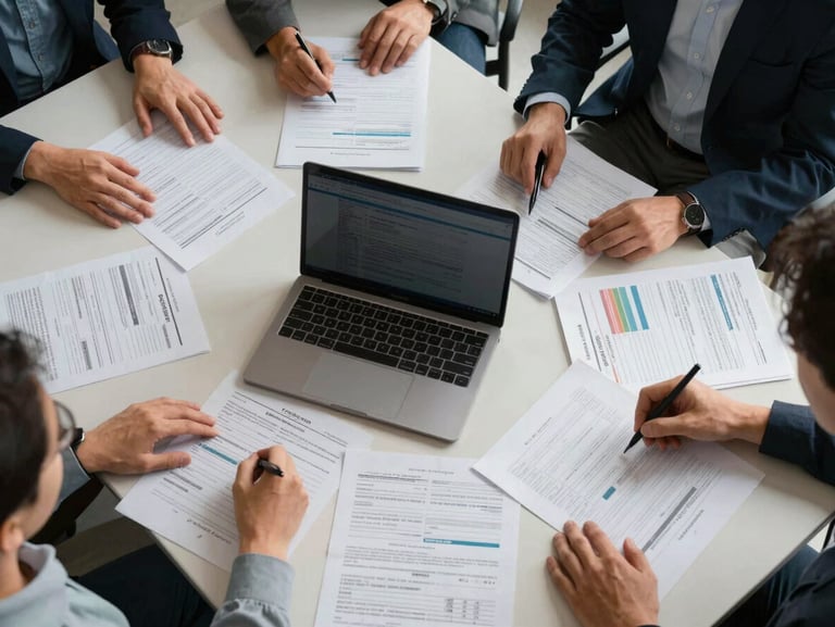 Overhead shot of a small business team gathered around a conference table covered with operational reports and a laptop, hands on documents, professional studio lighting, no faces dominating the frame, active work-in-progress documentary framing