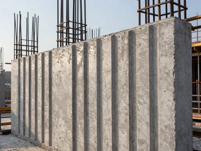 Crisp vertical concrete formwork alignment on an active construction site, early morning cold light, steel reinforcement bars visible.