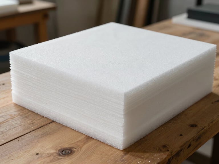 A neat stack of custom-cut white foam sheets sitting on a wooden workshop table, bright daylight showing the texture