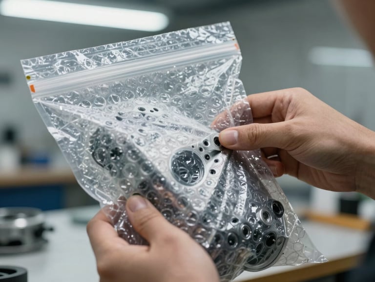 Close-up of a hand placing a metallic automotive part inside a custom-sized bubble wrap bag with an adhesive lip, bright workshop light