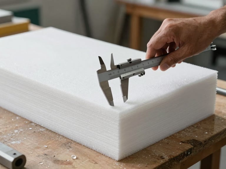 A stack of precisely cut white foam sheets resting on a wooden workbench, a worker's hand holding a caliper measuring the thickness, workshop daylight