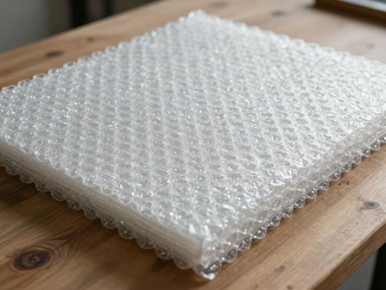 Detail of textured clean bubble wrap sheets stacked on a wooden work table