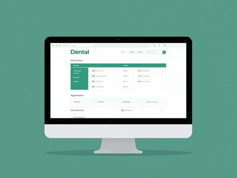 Flat vector illustration of a desktop monitor displaying a modern dental clinic website with structured appointment blocks, clean white and green tones.