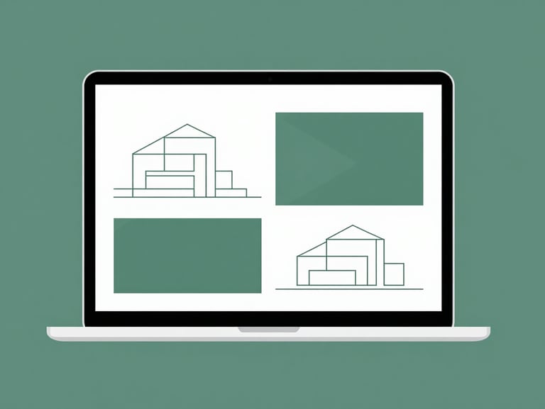 Flat vector illustration of a sleek laptop displaying a minimalist architecture portfolio with geometric line art, elegant forest green accents.