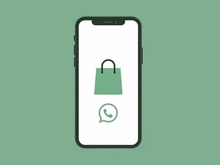 Flat vector illustration of a smartphone displaying a boutique storefront website with a tiny shopping bag and WhatsApp icon, minimalist style.