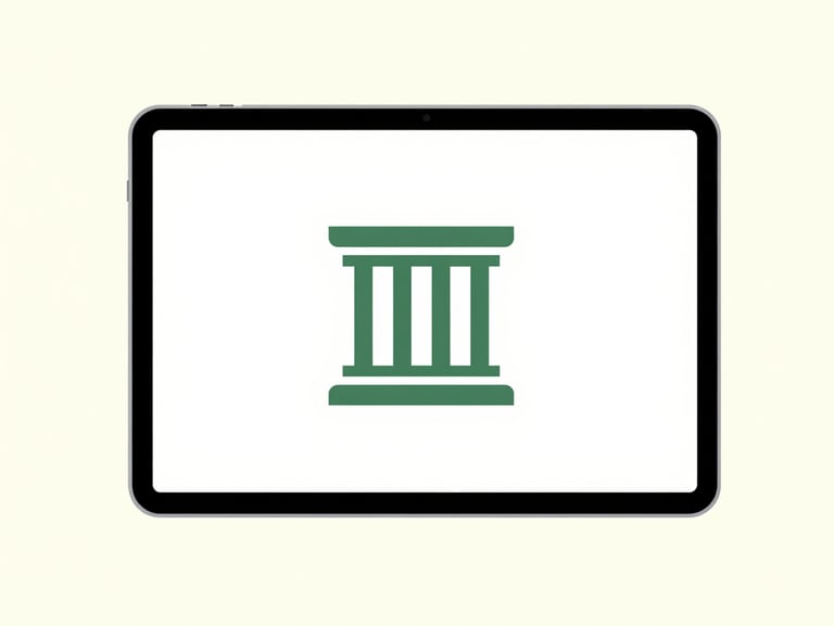 Flat vector illustration of a modern tablet displaying a clean legal website layout with a classic column icon, soft forest green and cream palette.