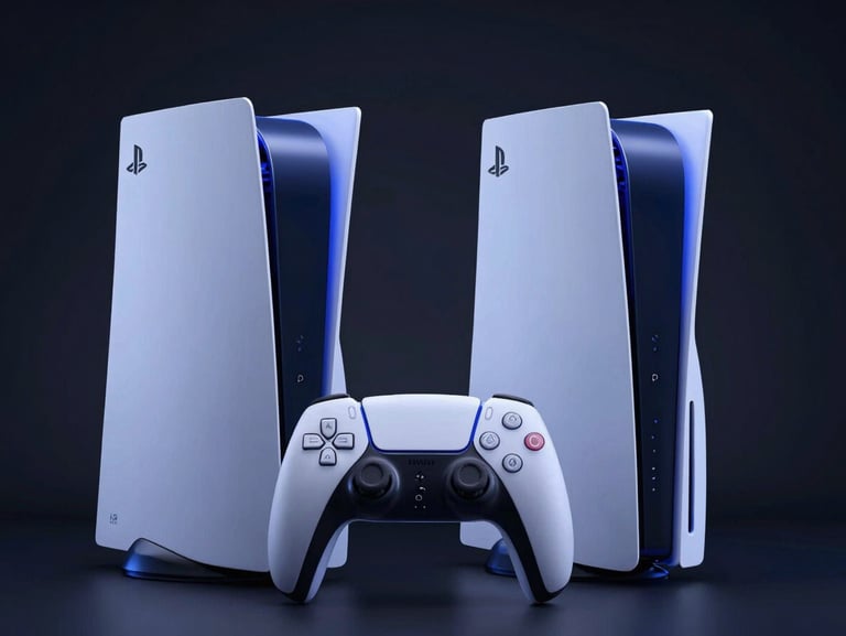 DualSense controller and PS5 console, dramatic blue neon studio lighting, dark high-contrast background, sharp focus