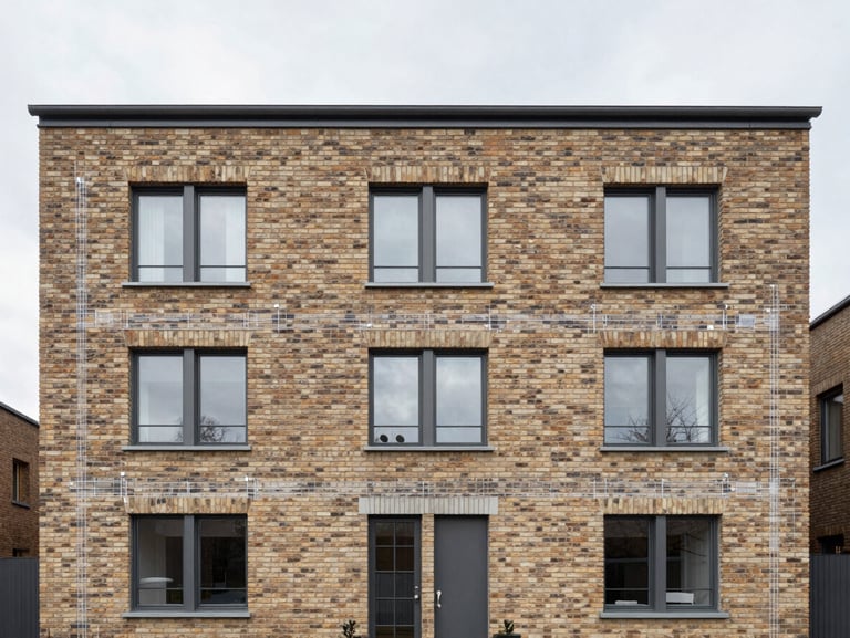 Frontal architectural shot of a multi-family brick house in Germany, clean lines, technical blueprint overlay lines faintly visible