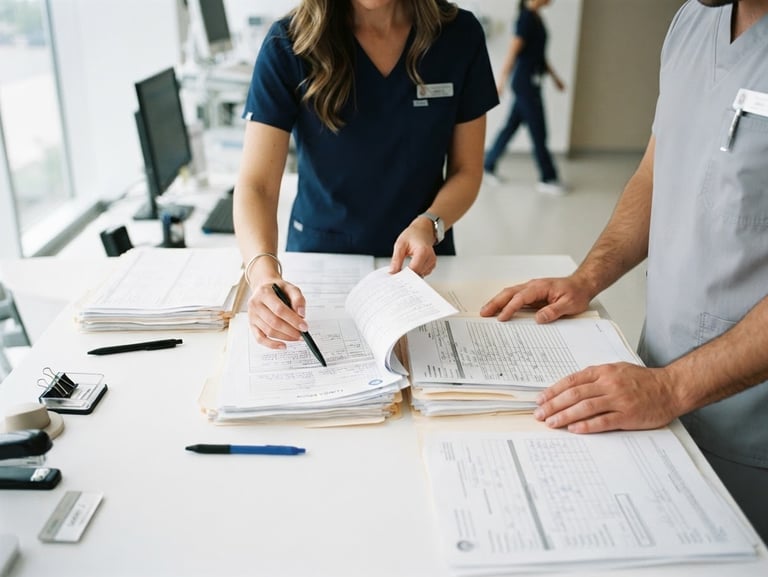 Hands of clinical administrators reviewing organized paper documents on a clean white desk, professional medical office setting, bright natural daylight, sharp focus, 35mm