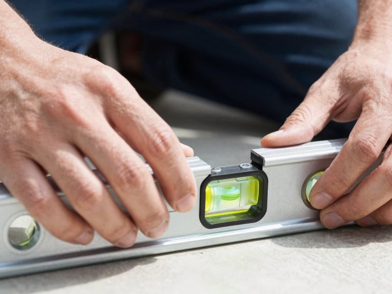 Close-up of a technician's hands using a bubble level on a metal mounting bracket, clean daylight, sharp focus, 35mm lens