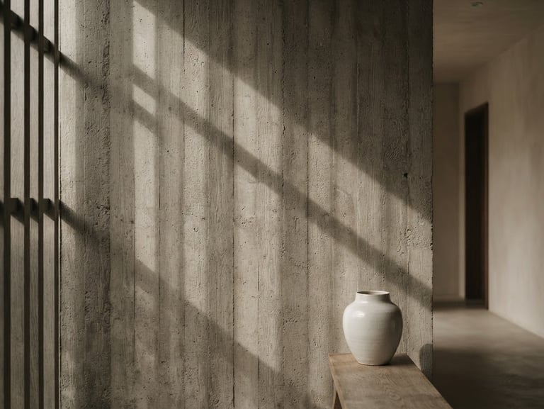 A quiet architectural space with soft, indirect daylight casting long, structured shadows on a textured concrete wall, minimalist and serene.