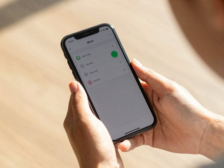 A close-up of hands holding a smartphone displaying progress metrics and speech feedback, warm sunlit background