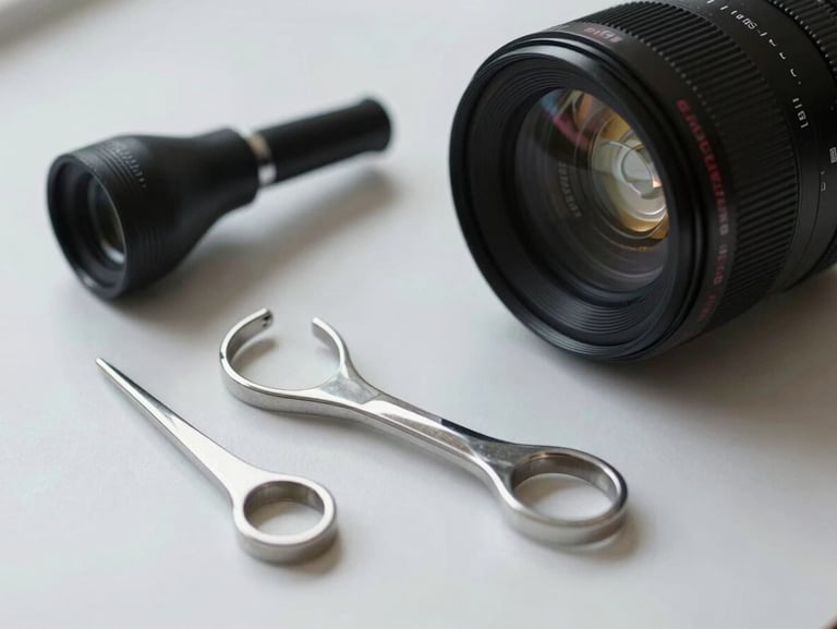 A close-up of professional ENT diagnostic instruments, an otoscope and tuning fork, resting on a clean white surface under soft natural light.