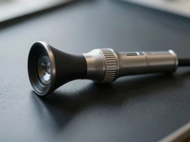 Macro shot of a professional medical otoscope resting on a clean dark surface, soft natural light reflecting off the metallic instrument, minimalist medical aesthetic.
