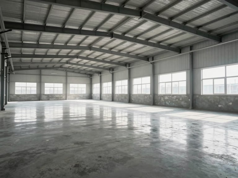 Bright, empty, professionally maintained facility warehouse with high-key natural daylight, reflecting off immaculate, polished concrete floors.