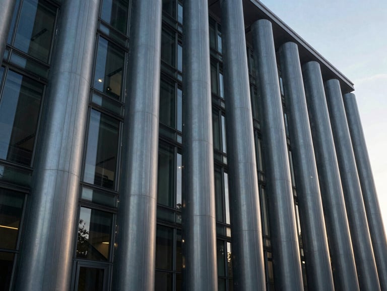 Wide-angle structural glass and steel columns of a civic building, cool morning light.
