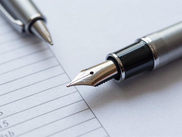 Macro close-up of a fountain pen resting on a neatly aligned financial document, cool daylight.