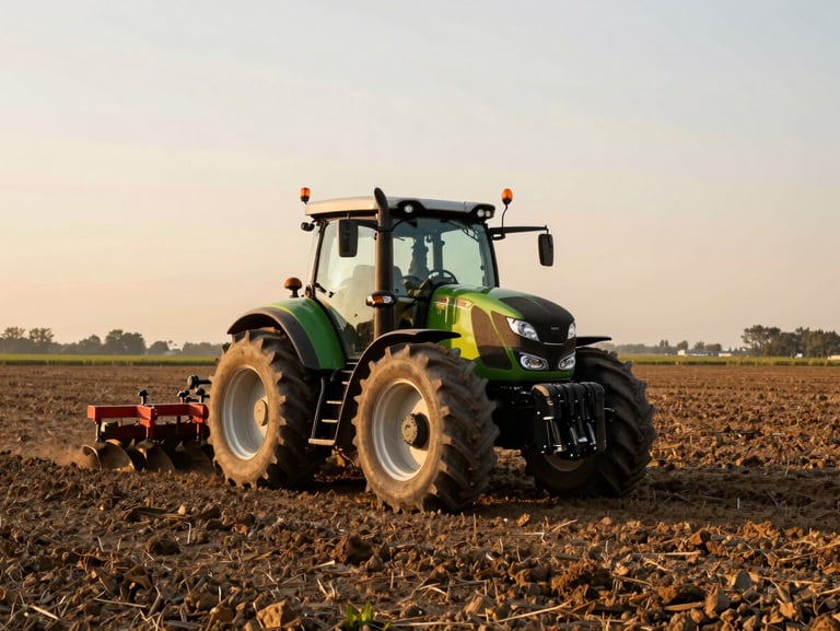 A modern tractor demonstrating deep tillage techniques in a wide field, warm editorial photography, natural golden-hour sunlight, rich earth tones, 35mm lens