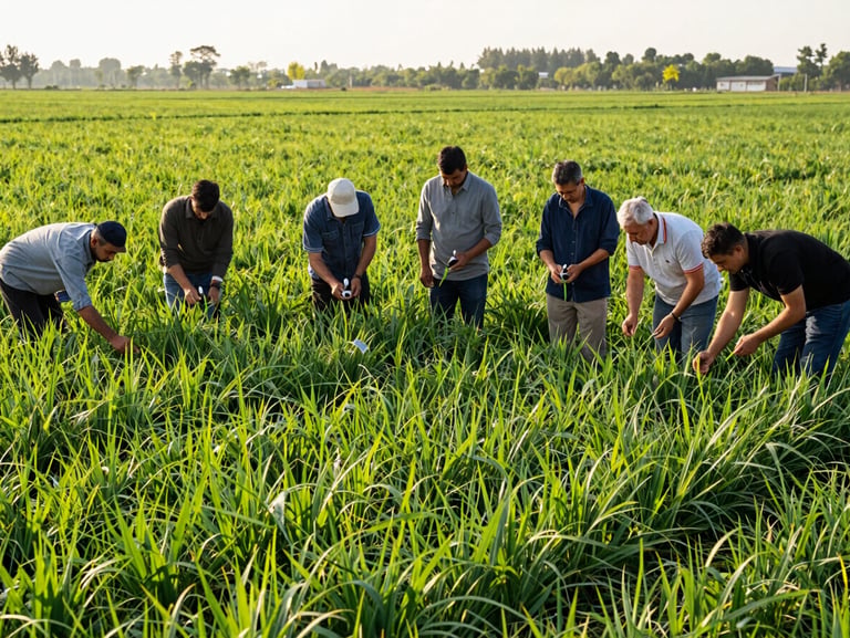 Hands-on agricultural training session in a vibrant green field, group of farmers observing modern techniques, daylight