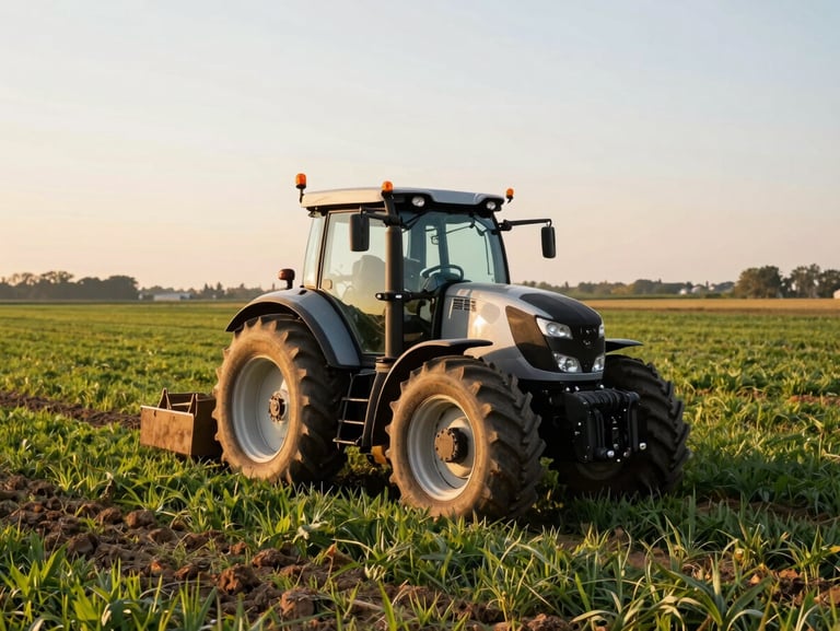 A modern tractor working in a vast, healthy field under bright natural golden-hour sunlight