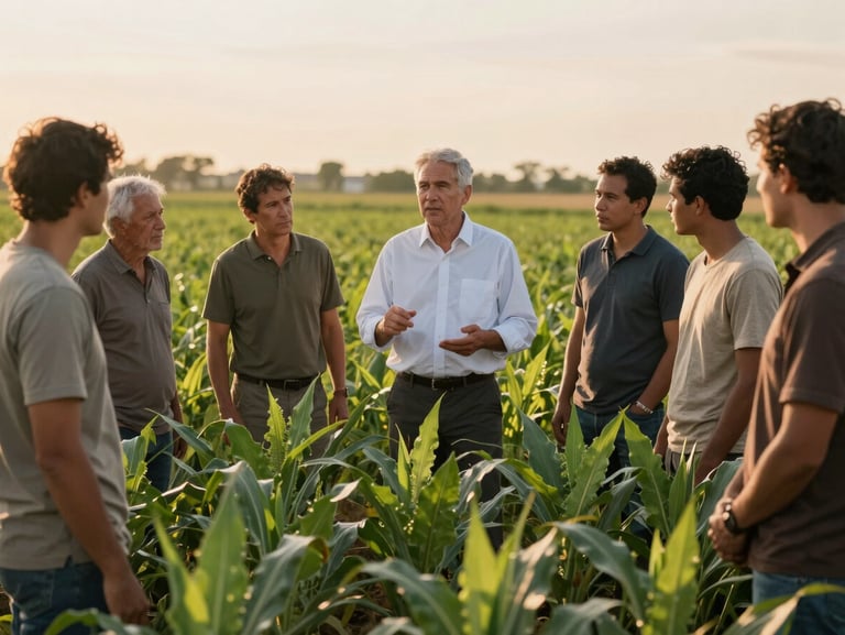 An agricultural expert explaining crop protection methods to a group of attentive farmers in a lush field, warm editorial photography, natural golden-hour sunlight, rich earth tones, 35mm lens