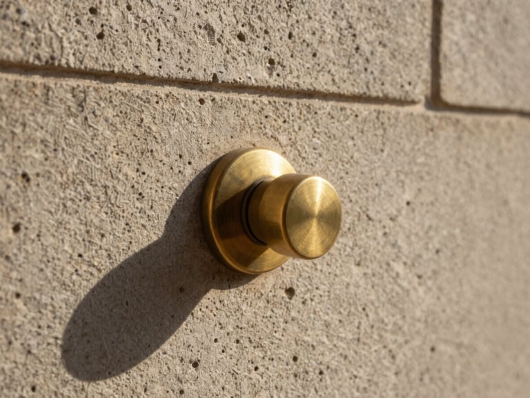 Extreme close-up architectural detail of a hand-carved textured sandstone wall transitioning perfectly into a polished brass fixture, captured in high-contrast afternoon sunlight.