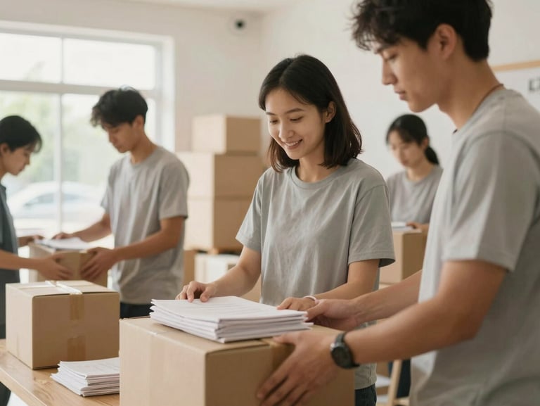Volunteers organizing boxes of supplies in a bright warehouse, soft natural daylight, authentic documentary style