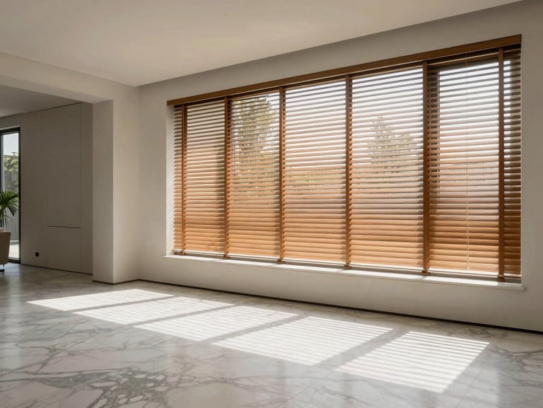 Immaculate minimalist interior of a luxury villa, natural light falling on a clean marble floor and dust-free wooden blinds.