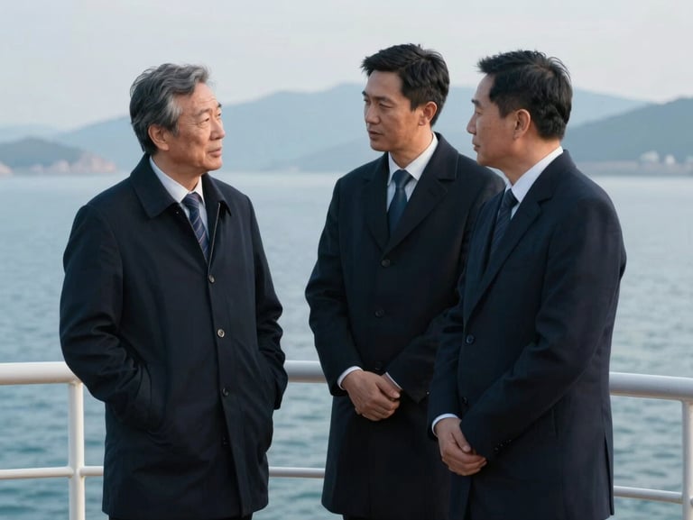 Candid, professional shot of three executives in dark overcoats standing on a ship deck, deep in conversation, with a soft-focus background of cold blue water and distant mountains