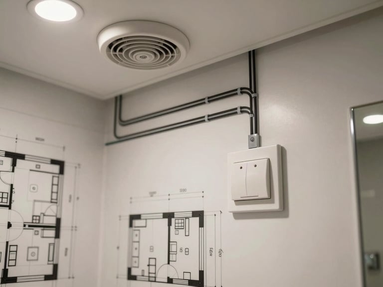 Detailed architectural blueprint of a modern hotel bathroom suite layout, showing MEP wiring conduits connecting a wall switch to a ceiling exhaust fan, clean technical drafting style.