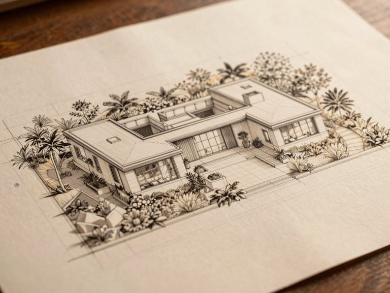 An architectural landscape drawing of a modern estate layout, clean technical drafting lines on warm heavy paper, soft side lighting, high-angle view