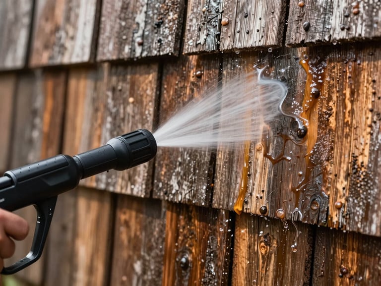 Close-up of a pressure washer wand spraying clean water onto weathered shingle siding, revealing bright clean wood beneath.