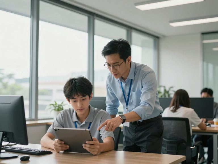 A bright, modern office interior with large glass windows, where a professional Vietnamese mentor is guiding a young student over a tablet, soft natural daylight, realistic work environment