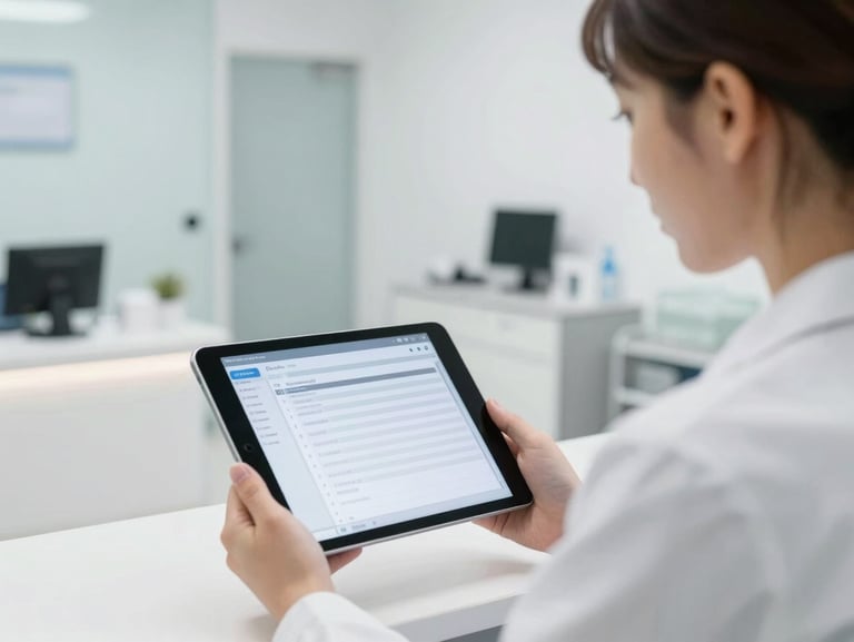 Dental office manager looking at a tablet showing an appointment scheduling interface, call log entries visible on screen, clean well-lit reception area in background, medium environmental shot, bright overexposed clinical lighting