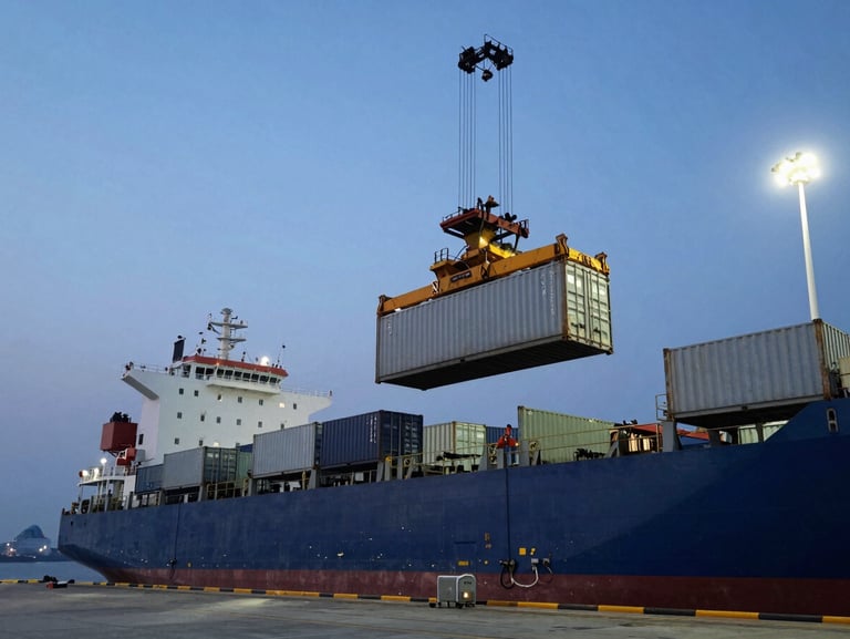 Wide-angle shot of a commercial shipping dock at dusk under industrial floodlights, a sealed 20-foot container being loaded onto a vessel by crane, cool blue-white light, documentary framing, no people