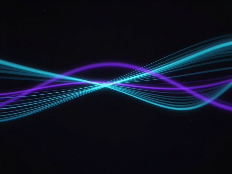 Abstract WebGL shader artwork, glowing cyan and purple lines weaving on a pure black digital canvas.