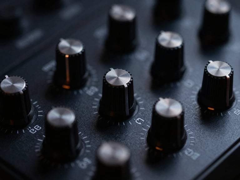 Macro shot of a dark audio application interface, glowing knobs, metallic dials, deep charcoal background.