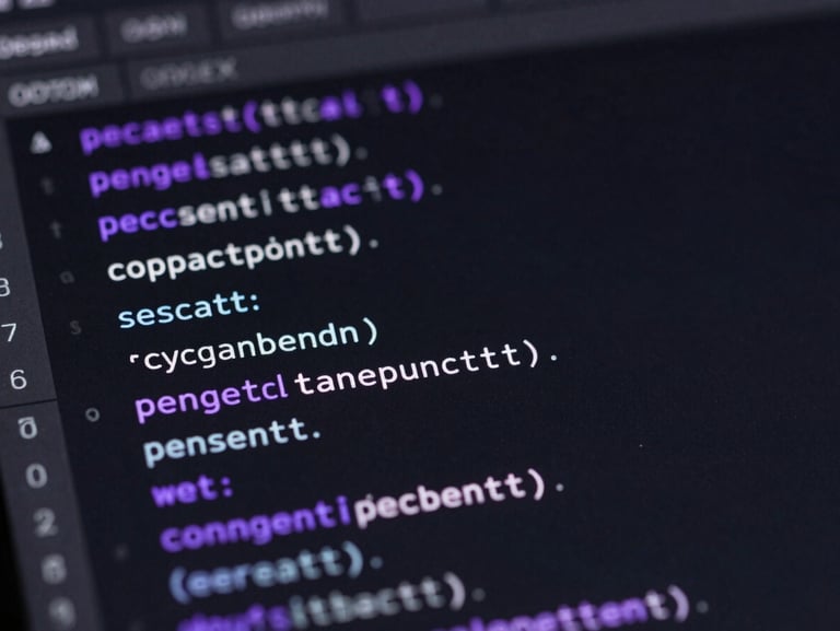 Extreme close-up of code editor UI on an OLED screen, high contrast purple accents, crisp monospace font.